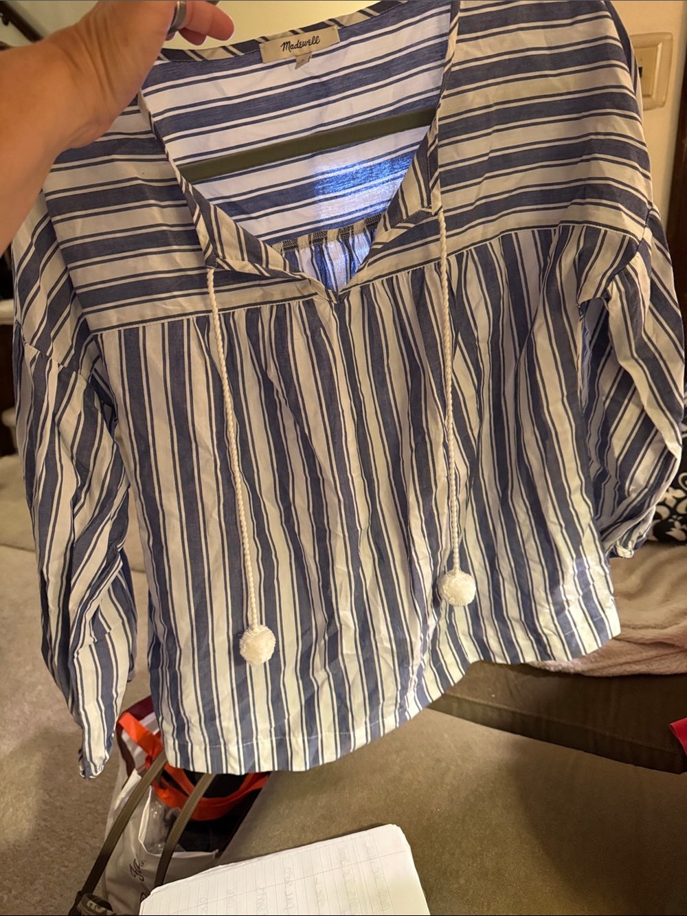 Madewell Navy and White Striped Peasant Blouse